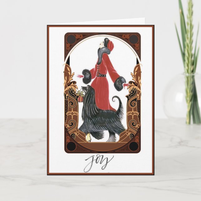 Art Deco Lady Walking Dog Christmas Card (Front)