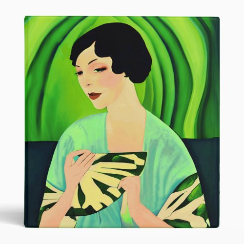 Art Deco Lady with a Fan in Jade Green 3 Ring Binder