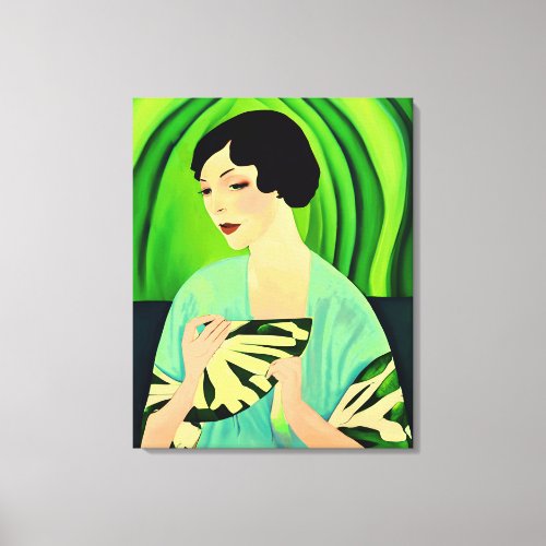 Art Deco Lady with a Fan in Jade Green Canvas Print