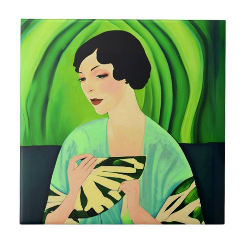 Art Deco Lady with a Fan in Jade Green Ceramic Tile