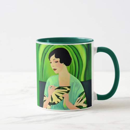 Art Deco Lady with a Fan in Jade Green Mug