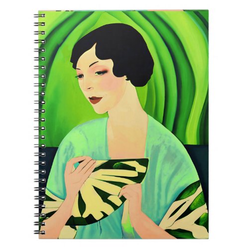 Art Deco Lady with a Fan in Jade Green Notebook