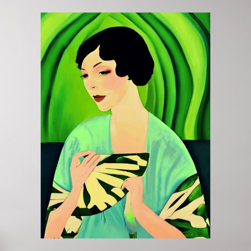 Art Deco Lady with a Fan in Jade Green Poster
