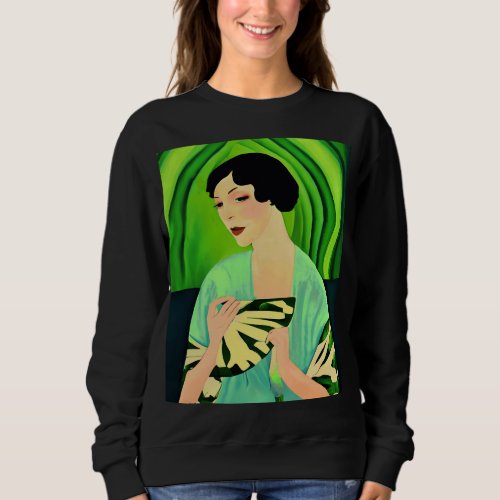 Art Deco Lady with a Fan in Jade Green Sweatshirt