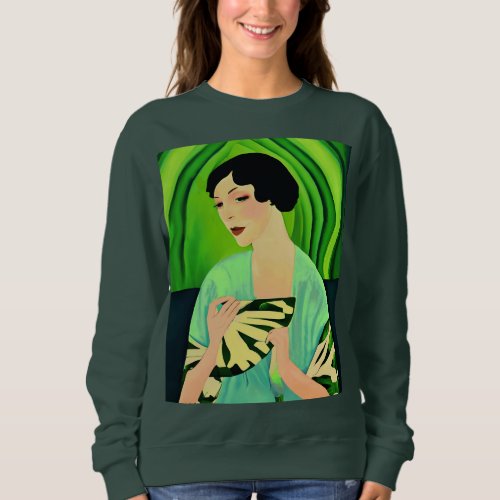 Art Deco Lady with a Fan in Jade Green Sweatshirt