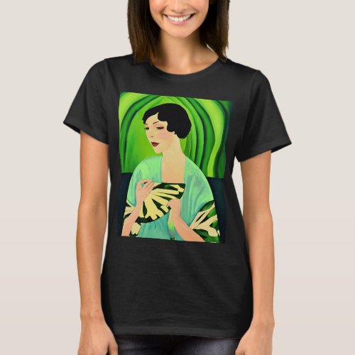 Art Deco Lady with a Fan in Jade Green T_Shirt