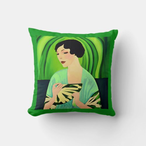 Art Deco Lady with a Fan in Jade Green Throw Pillow