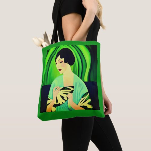 Art Deco Lady with a Fan in Jade Green Tote Bag
