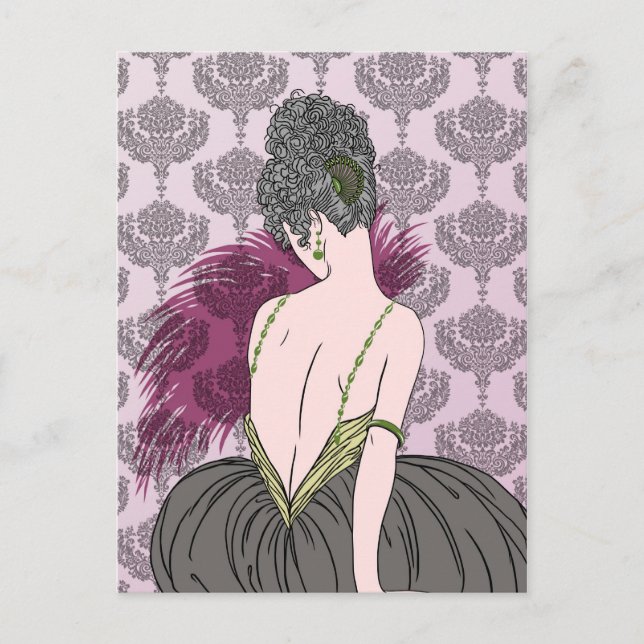 Art Deco Lady with Damask - BIANCA: Tea Time Postcard (Front)