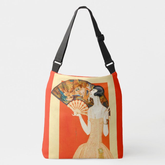 art deco lady with fan crossbody bag (Front)