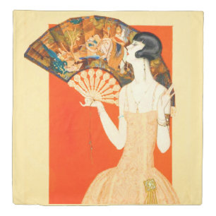 art deco lady with fan duvet cover