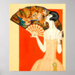 art deco lady with fan poster<br><div class="desc">The classic look of the 1920s! Bobbed hair, flat figure, dropped waist dress. Plus a hint of Near East motifs in the fan, in keeping with the wild interest in Egypt at the time, stemming from the decade’s earlier discovery of King Tut’s tomb. Our art deco lady looks marvelous on...</div>