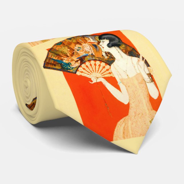 art deco lady with fan print neck tie (Rolled)