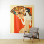 art deco lady with fan tapestry<br><div class="desc">The classic look of the 1920s! Bobbed hair, flat figure, dropped waist dress. Plus a hint of Near East motifs in the fan, in keeping with the wild interest in Egypt at the time, stemming from the decade’s earlier discovery of King Tut’s tomb. Our art deco lady looks marvelous on...</div>