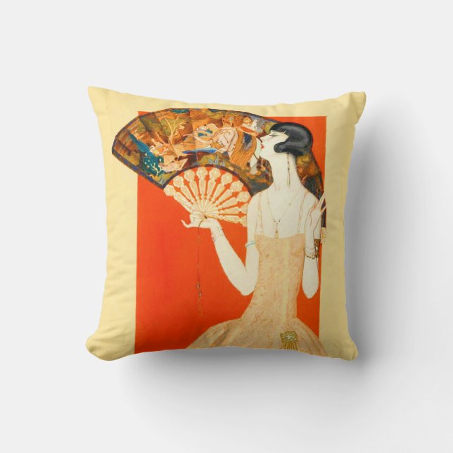 art deco lady with fan throw pillow (Front)