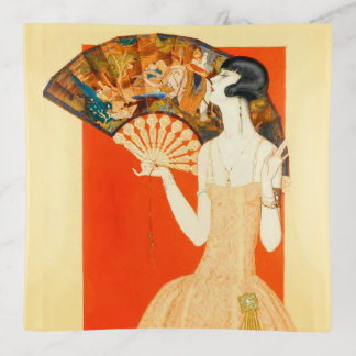 art deco lady with fan trinket tray