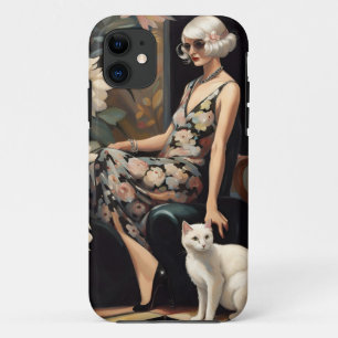Art Deco, Lady with Floral Dress and Cat, Gatsby iPhone 11 Case