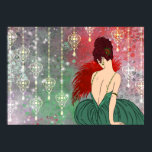 Art Deco Lady with Jewels - BIANCA: Christmas Past Poster<br><div class="desc">Our beautiful Bianca is dressed in a full skirt and her top has straps consisting of strands of jewels. She holds a fan of feathers and is seated against a backdrop of subtle grunge, dots and stars; overlaid with beautiful hanging jewels. Bianca's hair is a mass of curls in a...</div>