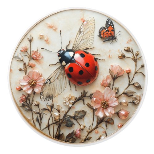 Art Deco Ladybug Flowers Butterfly  Ceramic Knob