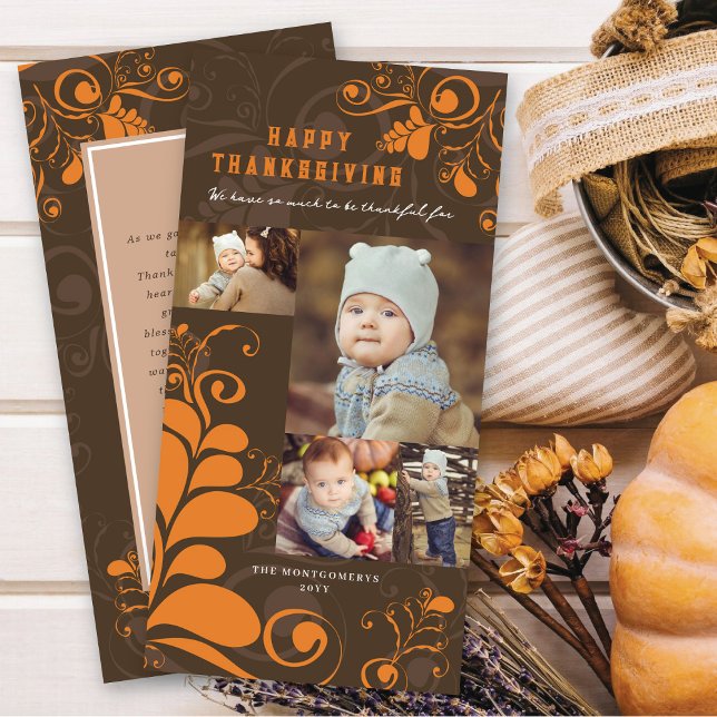 Art Deco Leaves Swirls Happy Thanksgiving 4 Photo Holiday Card (Creator Uploaded)