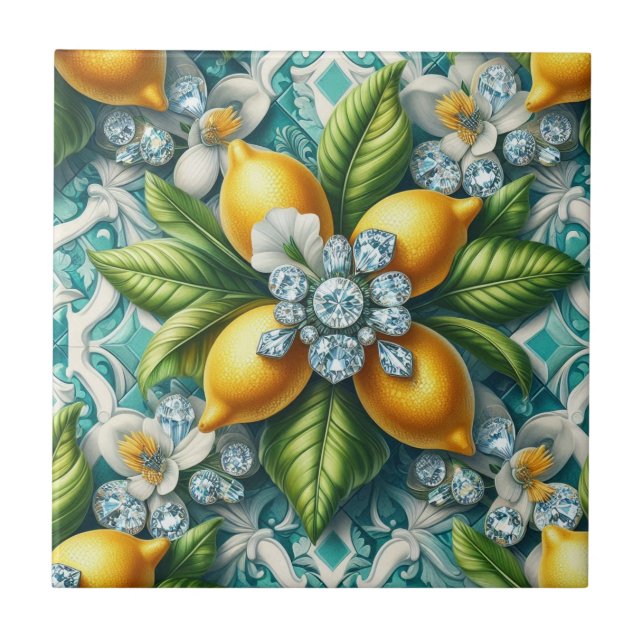 Art Deco Lemons and Diamonds Ceramic Tile (Front)