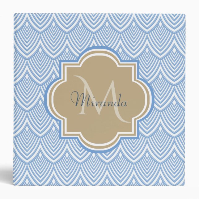 Art Deco Light Blue Fish Scales Tan Monogram Name 3 Ring Binder (Front)