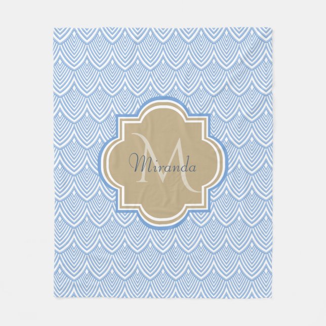 Art Deco Light Blue Fish Scales Tan Monogram Name Fleece Blanket (Front)