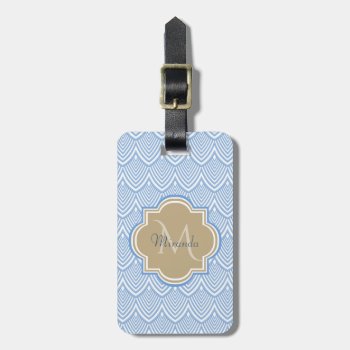 Art Deco Light Blue Fish Scales Tan Monogram Name Luggage Tag by ohsogirly at Zazzle