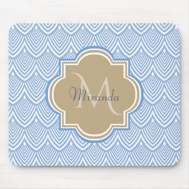 Art Deco Light Blue Fish Scales Tan Monogram Name Mouse Pad (Front)