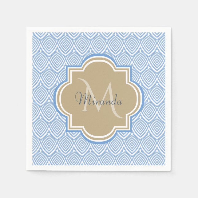 Art Deco Light Blue Fish Scales Tan Monogram Name Paper Napkins (Front)