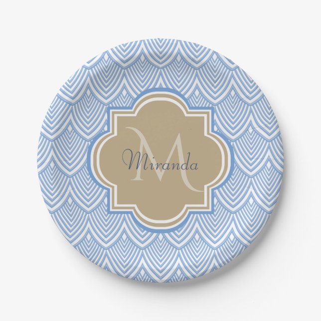 Art Deco Light Blue Fish Scales Tan Monogram Name Paper Plates (Front)