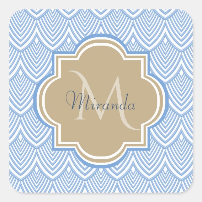 Art Deco Light Blue Fish Scales Tan Monogram Name Square Sticker (Front)