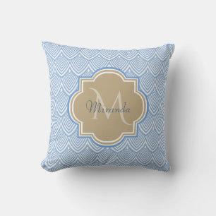 Art Deco Light Blue Fish Scales Tan Monogram Name Throw Pillow
