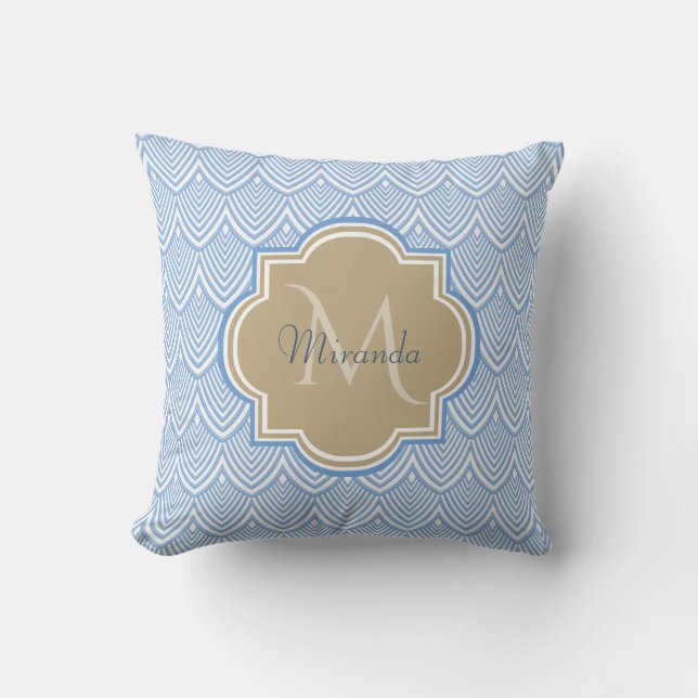 Art Deco Light Blue Fish Scales Tan Monogram Name Throw Pillow (Front)