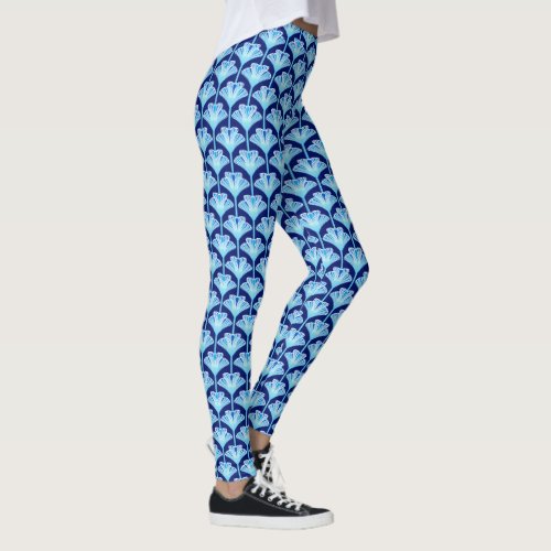 Art Deco Lily Cobalt Blue Aqua and White Leggings