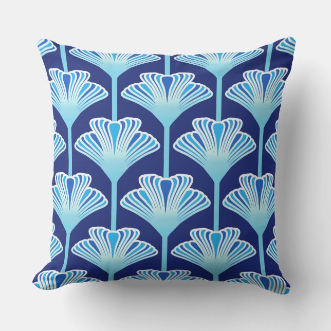 Art Deco Lily, Cobalt Blue, Aqua and White Outdoor Pillow (Front)