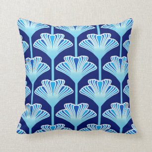Art Deco Lily, Cobalt Blue, Aqua and White Throw Pillow
