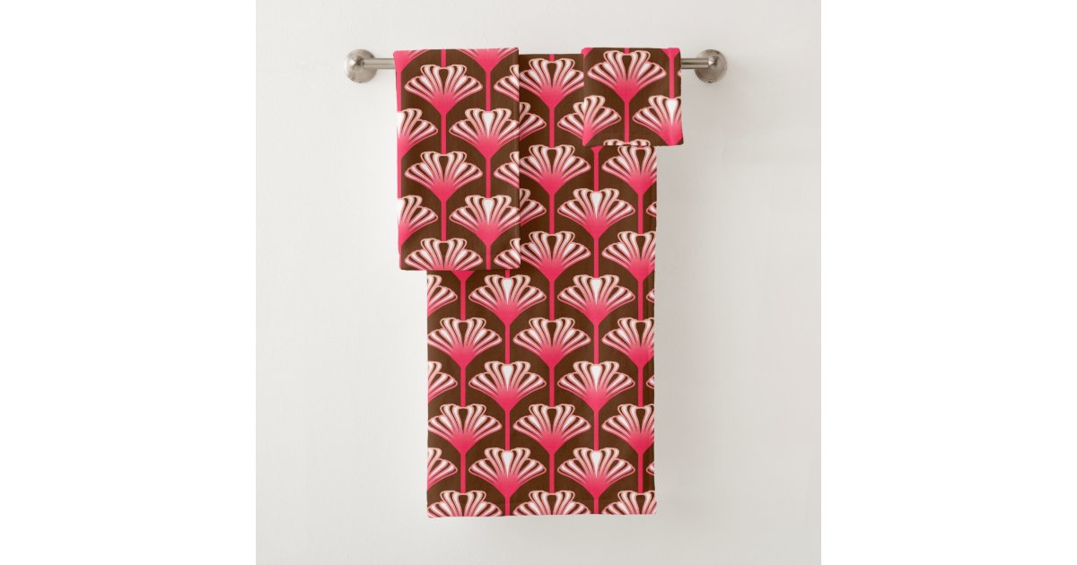 Art Deco Lily, Dark Brown and Coral Pink Bath Towel Set | Zazzle