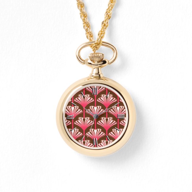 Art Deco Lily, Dark Brown and Coral Pink Watch (Front)