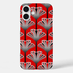 Art Deco Lily, Deep Red and Gray / Grey iPhone 16 Plus Case