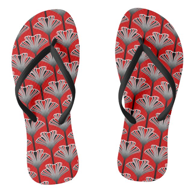 Art Deco Lily, Deep Red and Gray / Grey Flip Flops (Footbed)