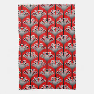 Art Deco Lily, Deep Red and Gray / Grey Kitchen Towel