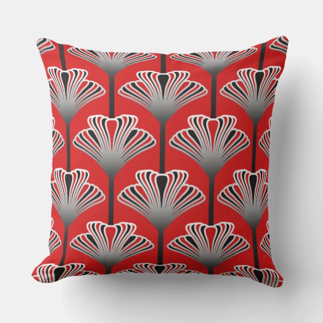 Art Deco Lily, Deep Red and Gray / Grey Throw Pillow (Front)