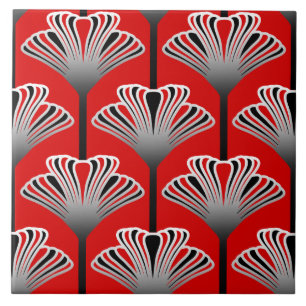 Art Deco Lily, Deep Red and Gray / Grey Tile
