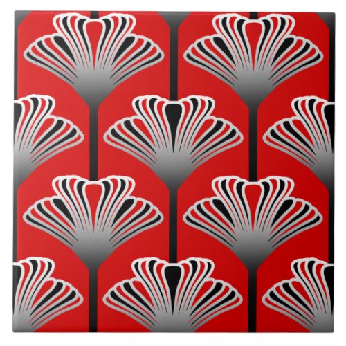 Art Deco Lily Deep Red and Gray  Grey Tile