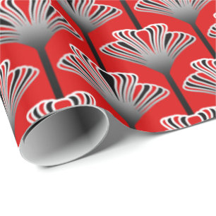Art Deco Lily, Deep Red and Gray / Grey Wrapping Paper