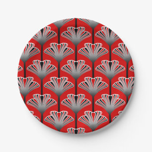 Art Deco Lily, Deep Red and Silver Gray / Grey Paper Plates