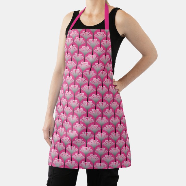 Art Deco Lily, Fuchsia Pink and Silver Gray Apron (Insitu)