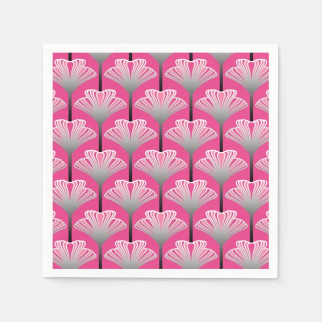 Art Deco Lily, Fuchsia Pink and Silver Gray Napkins (Front)