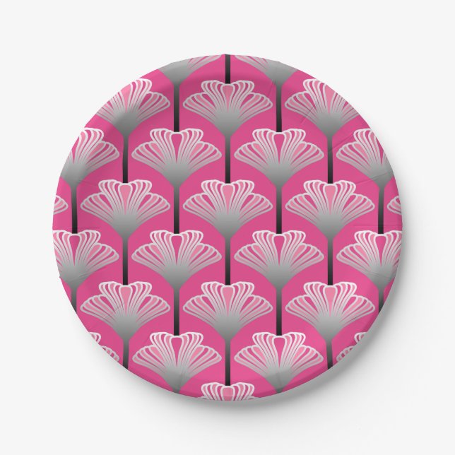 Art Deco Lily, Fuchsia Pink and Silver Gray Paper Plates (Front)